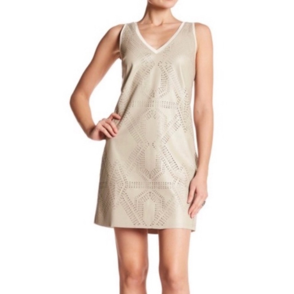 Tart XS Laser Cut Perforated Faux Leather Sleeveless Mini Dress Tan Beige Gray
